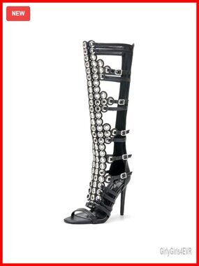 Open Toe Knee High Stiletto Heel Boots with Metal Buckle